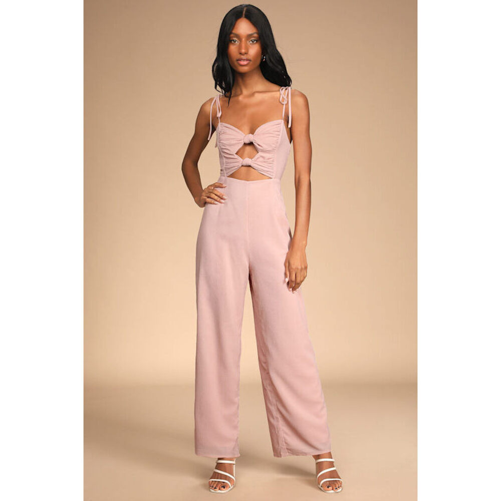 Lulus Good Press Light Pink Knotted Wide Leg Jumpsuit - Size L